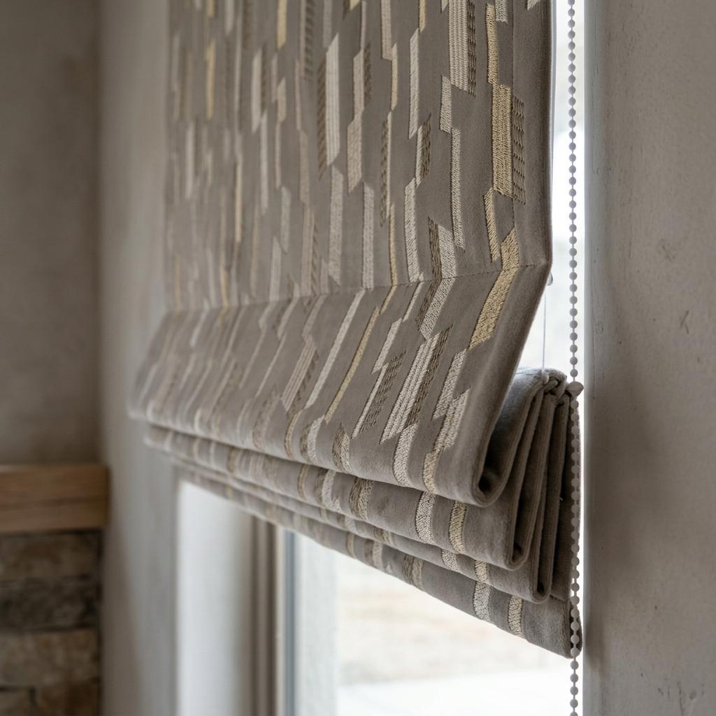 Dusty Grey Velvet Roman Shade, Ivory Beige Geometric Embroidered Blind, Custom Corded Window Shade, Blackout or Cotton Lined — image 4