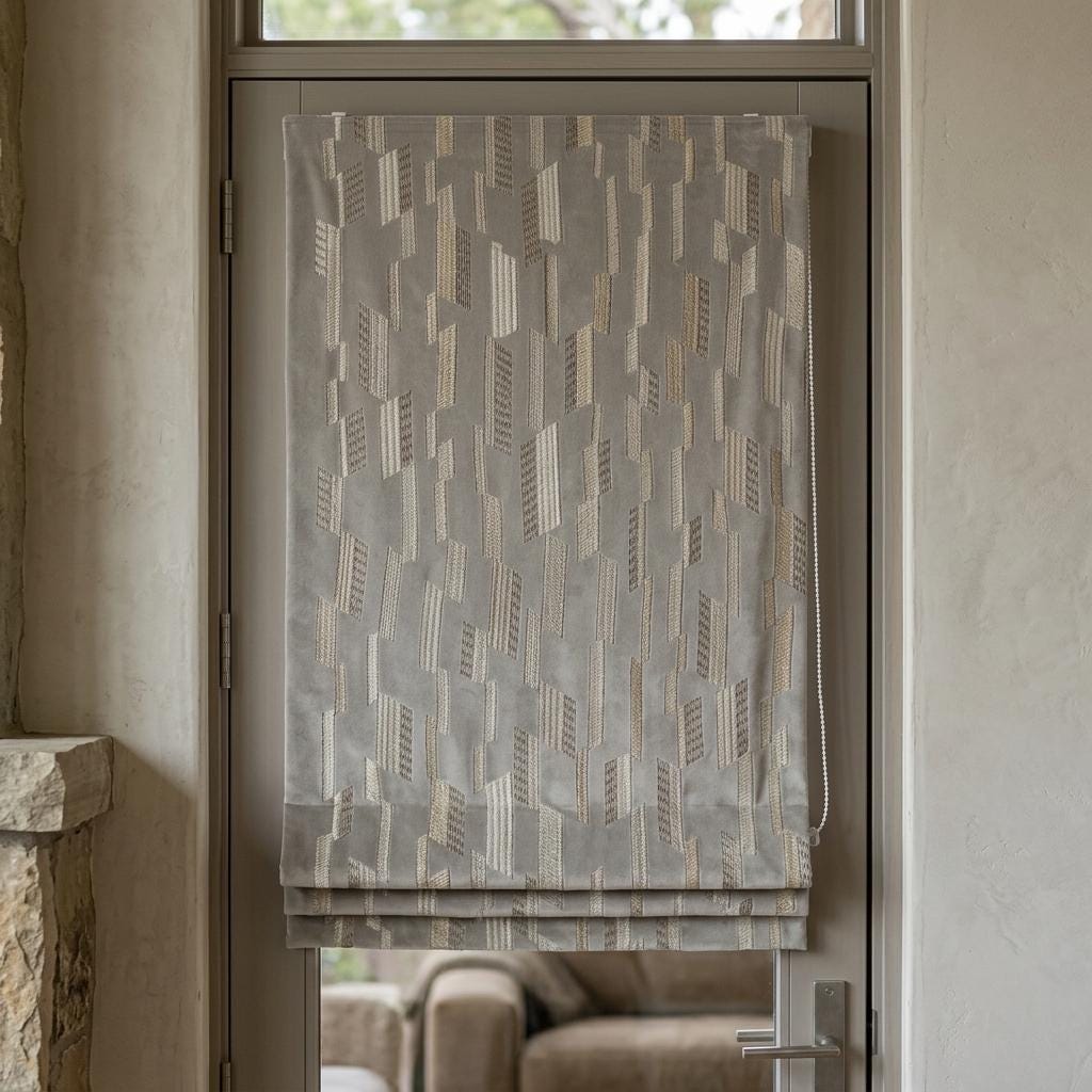 Dusty Grey Velvet Roman Shade, Ivory Beige Geometric Embroidered Blind, Custom Corded Window Shade, Blackout or Cotton Lined — image 3