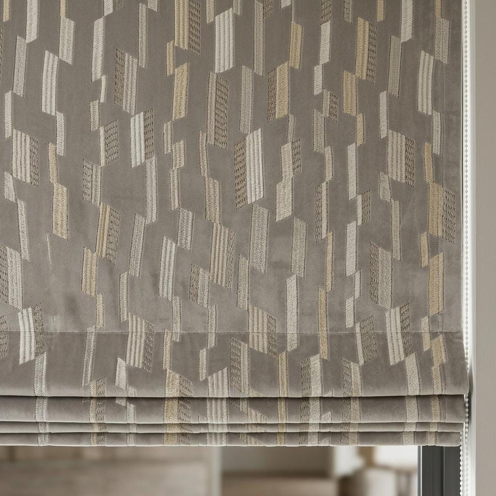 Dusty Grey Velvet Roman Shade, Ivory Beige Geometric Embroidered Blind, Custom Corded Window Shade, Blackout or Cotton Lined — image 8