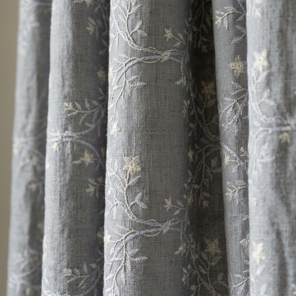 Grey Linen Embroidered Curtains, Ivory Botanical Vine Drapes, Custom Blackout or Cotton Lined Floral Curtain Panels — image 6