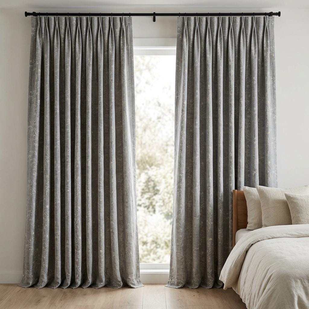 Grey Linen Embroidered Curtains, Ivory Botanical Vine Drapes, Custom Blackout or Cotton Lined Floral Curtain Panels — image 9