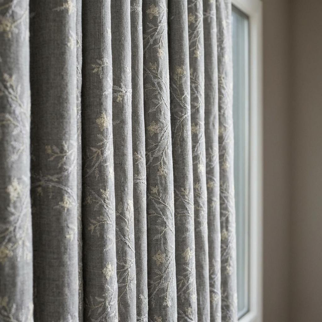 Grey Linen Embroidered Curtains, Ivory Botanical Vine Drapes, Custom Blackout or Cotton Lined Floral Curtain Panels — image 4