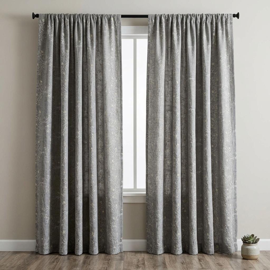 Grey Linen Embroidered Curtains, Ivory Botanical Vine Drapes, Custom Blackout or Cotton Lined Floral Curtain Panels — image 5