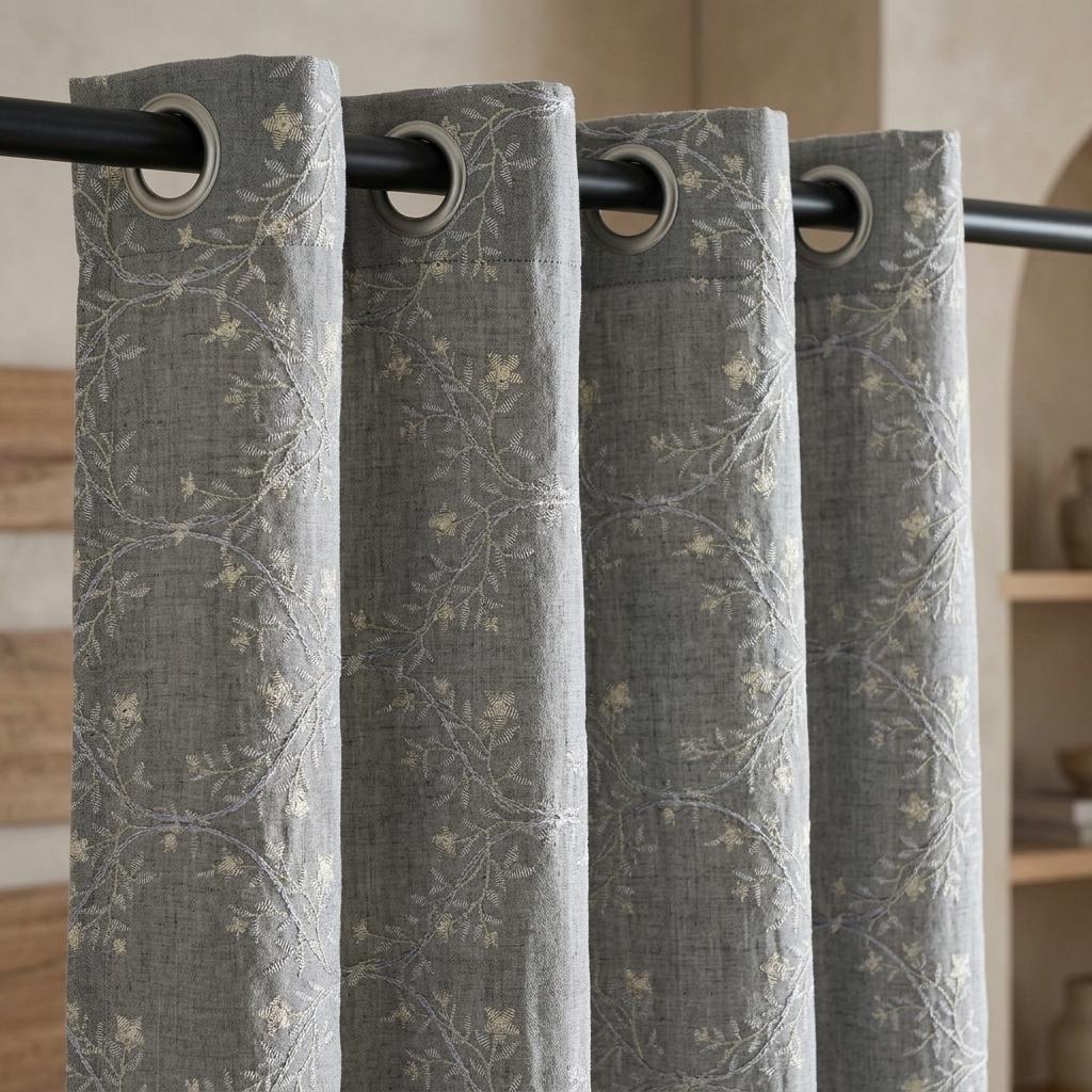 Grey Linen Embroidered Curtains, Ivory Botanical Vine Drapes, Custom Blackout or Cotton Lined Floral Curtain Panels — image 8