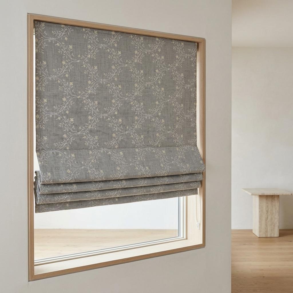 Gray Linen Roman Shade, Ivory Embroidered Floral Vine Blind, Custom Corded Window Shade, Blackout or Cotton Lined — image 4