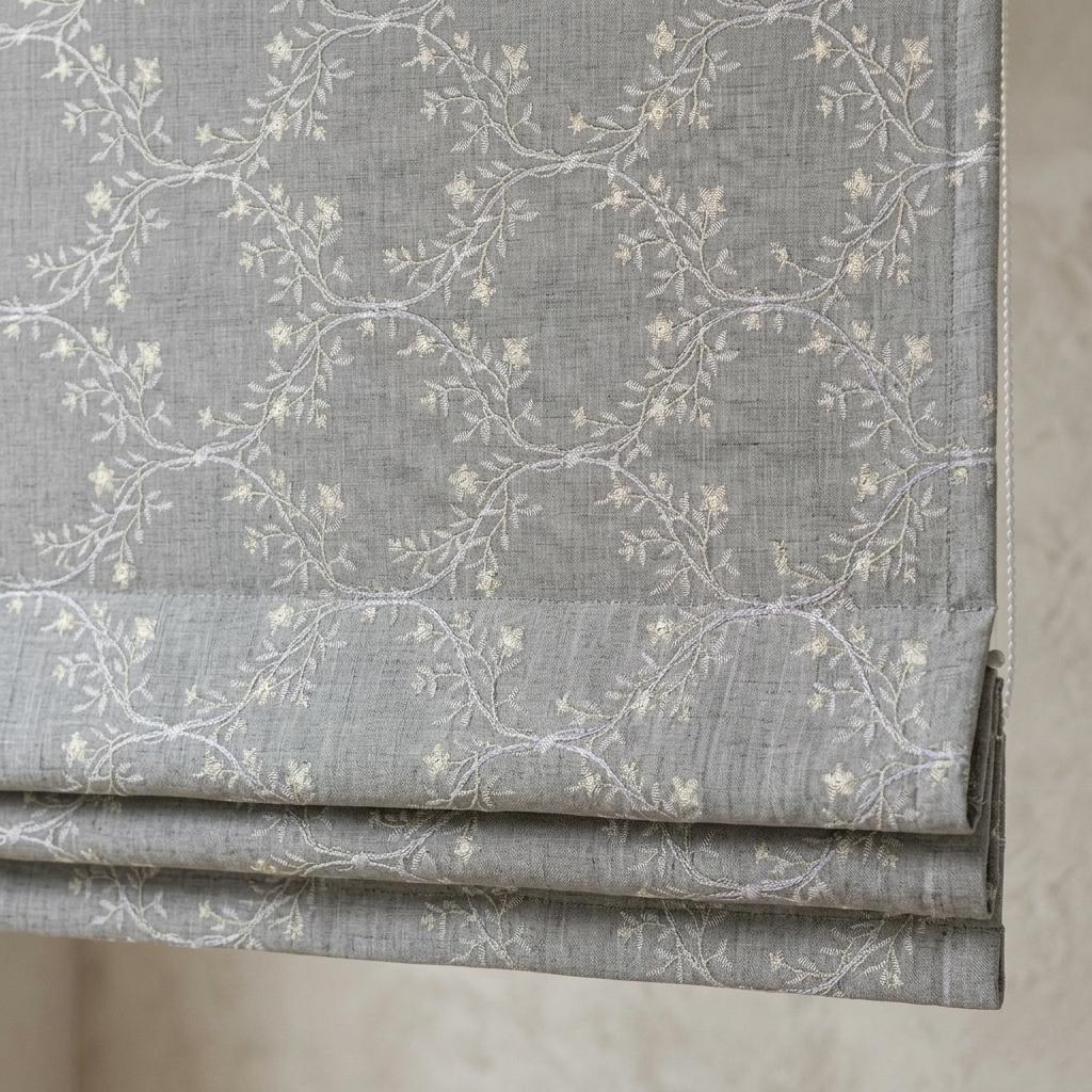 Gray Linen Roman Shade, Ivory Embroidered Floral Vine Blind, Custom Corded Window Shade, Blackout or Cotton Lined — image 8