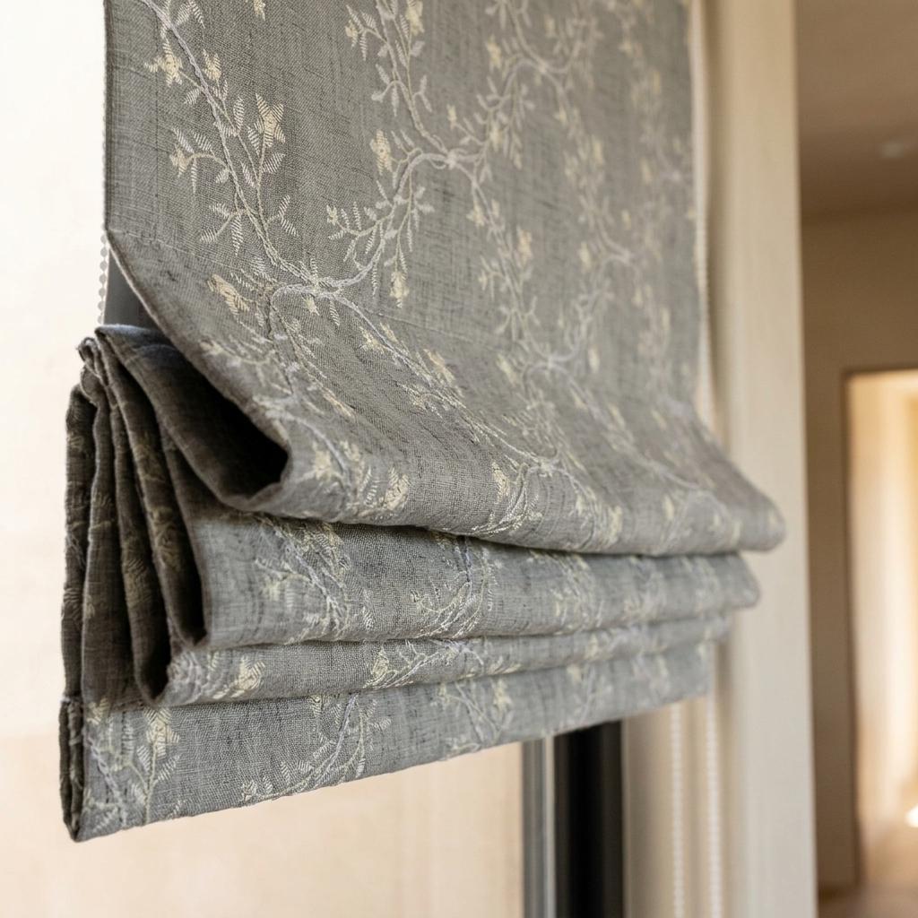 Gray Linen Roman Shade, Ivory Embroidered Floral Vine Blind, Custom Corded Window Shade, Blackout or Cotton Lined — image 7