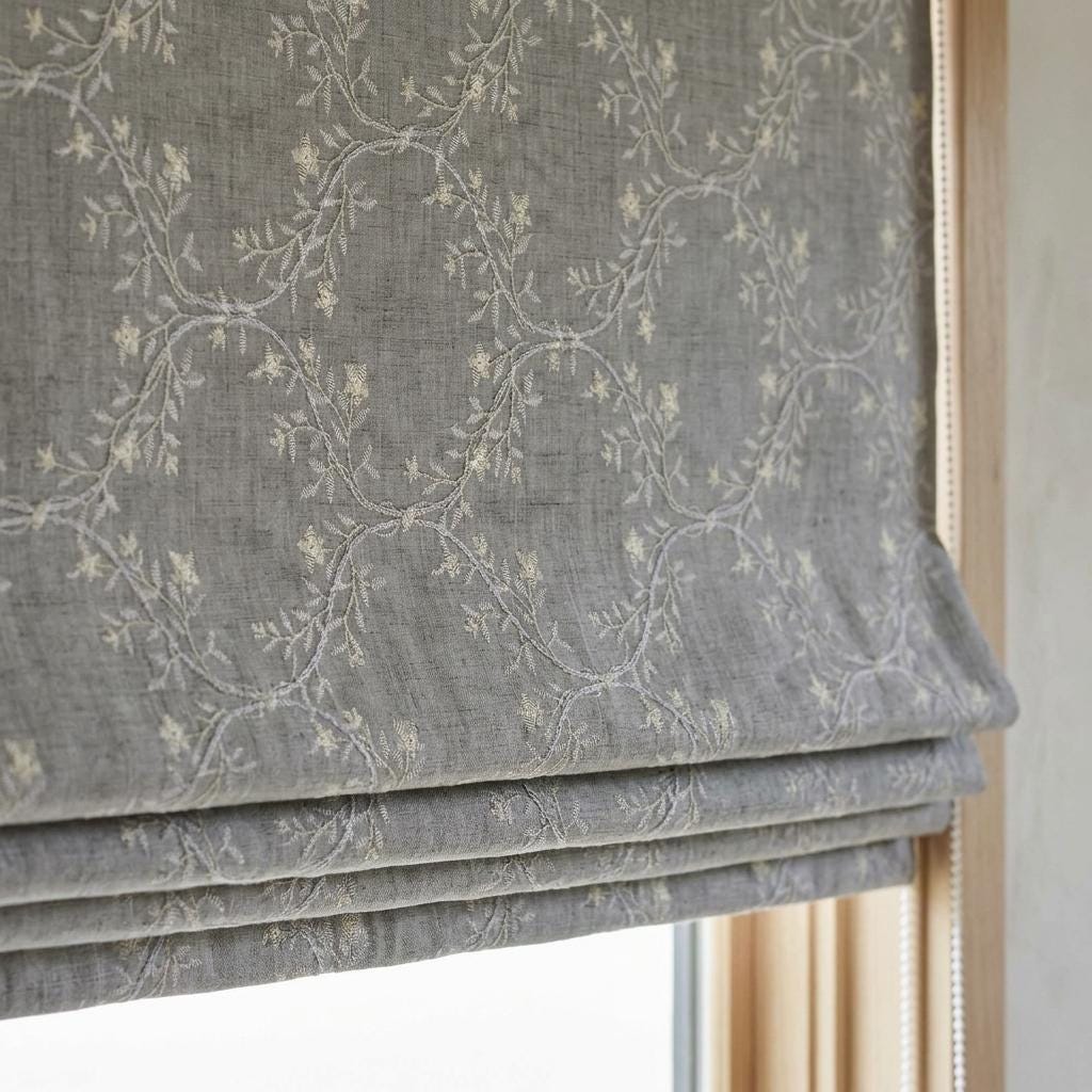 Gray Linen Roman Shade, Ivory Embroidered Floral Vine Blind, Custom Corded Window Shade, Blackout or Cotton Lined — image 9