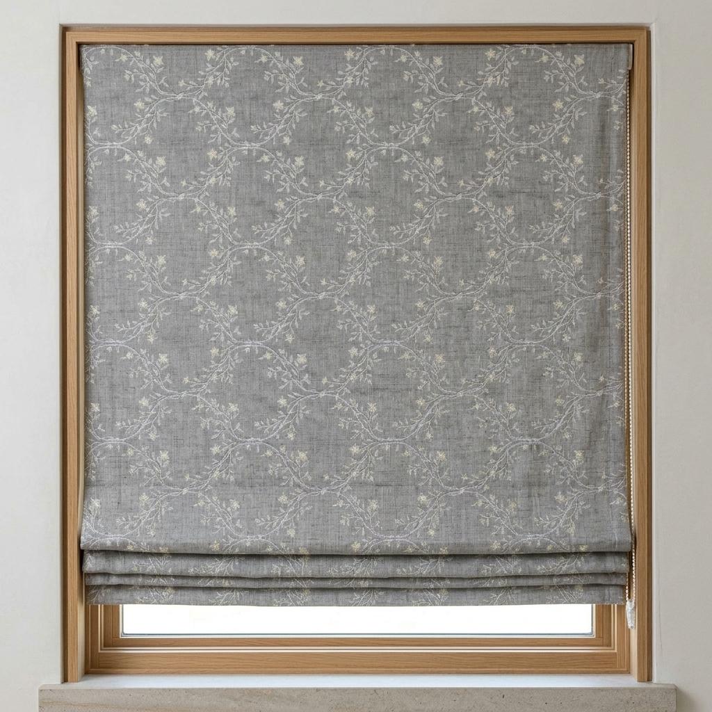 Gray Linen Roman Shade, Ivory Embroidered Floral Vine Blind, Custom Corded Window Shade, Blackout or Cotton Lined — image 3