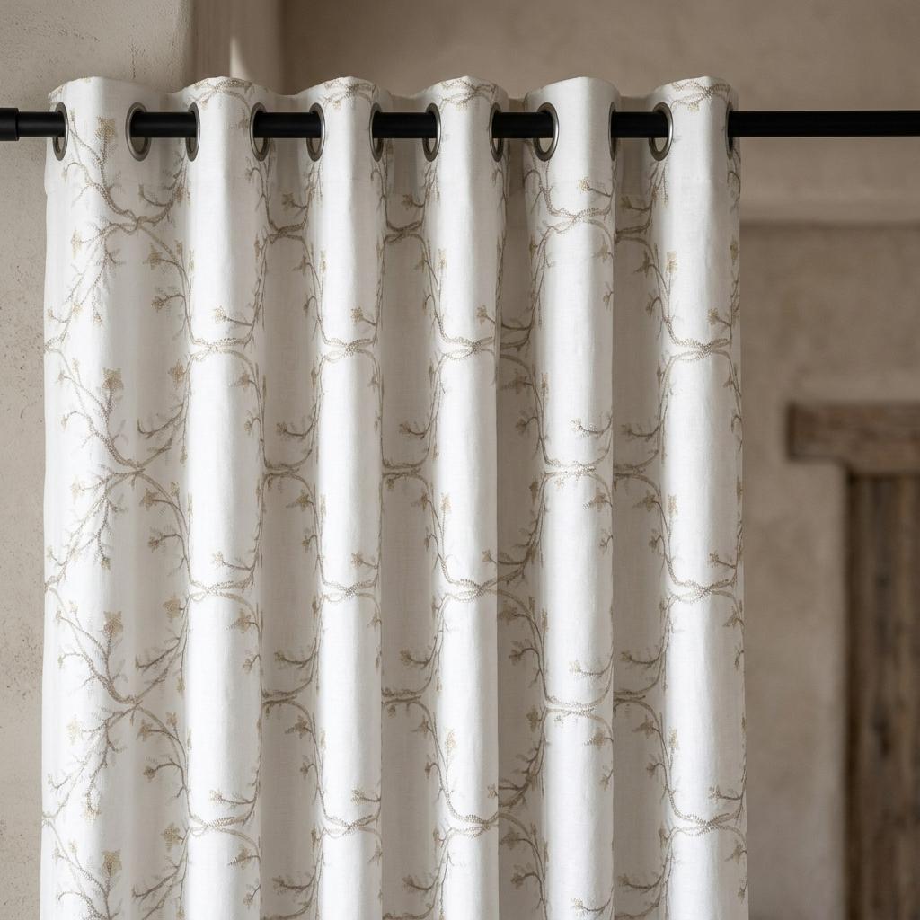 White Linen Embroidered Curtains, Beige Ivory Botanical Vine Drapes, Custom Blackout or Cotton Lined Floral Panels — image 4