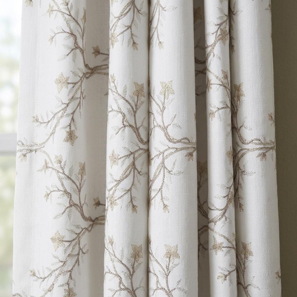 White Linen Embroidered Curtains, Beige Ivory Botanical Vine Drapes, Custom Blackout or Cotton Lined Floral Panels — image 5