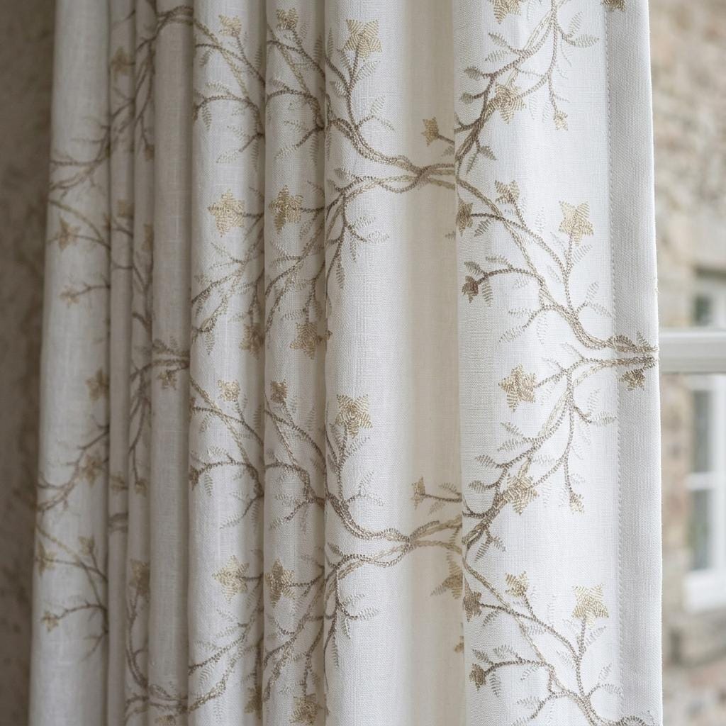 White Linen Embroidered Curtains, Beige Ivory Botanical Vine Drapes, Custom Blackout or Cotton Lined Floral Panels — image 1