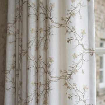 White Linen Embroidered Curtains, Beige Ivory Botanical Vine Drapes, Custom Blackout or Cotton Lined Floral Panels — image 1