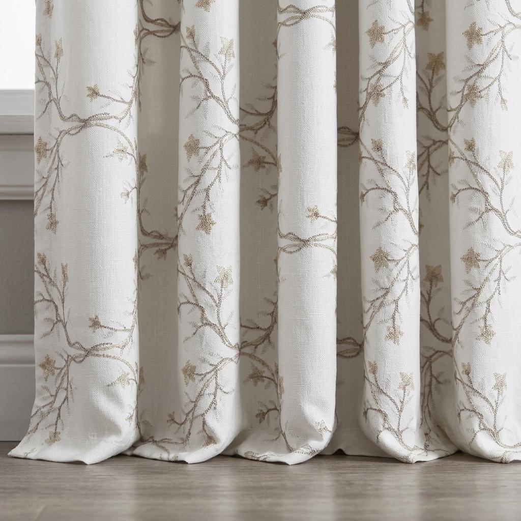 White Linen Embroidered Curtains, Beige Ivory Botanical Vine Drapes, Custom Blackout or Cotton Lined Floral Panels — image 1