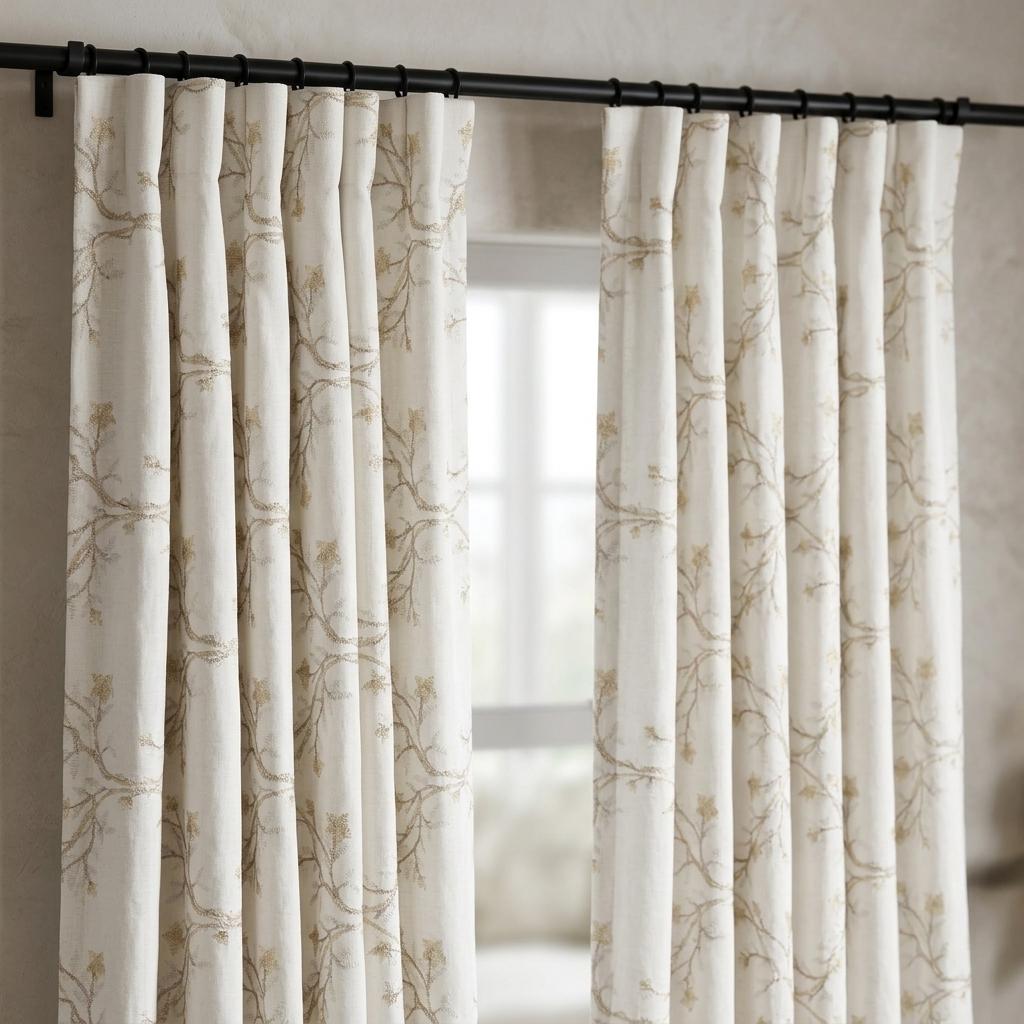 White Linen Embroidered Curtains, Beige Ivory Botanical Vine Drapes, Custom Blackout or Cotton Lined Floral Panels — image 7