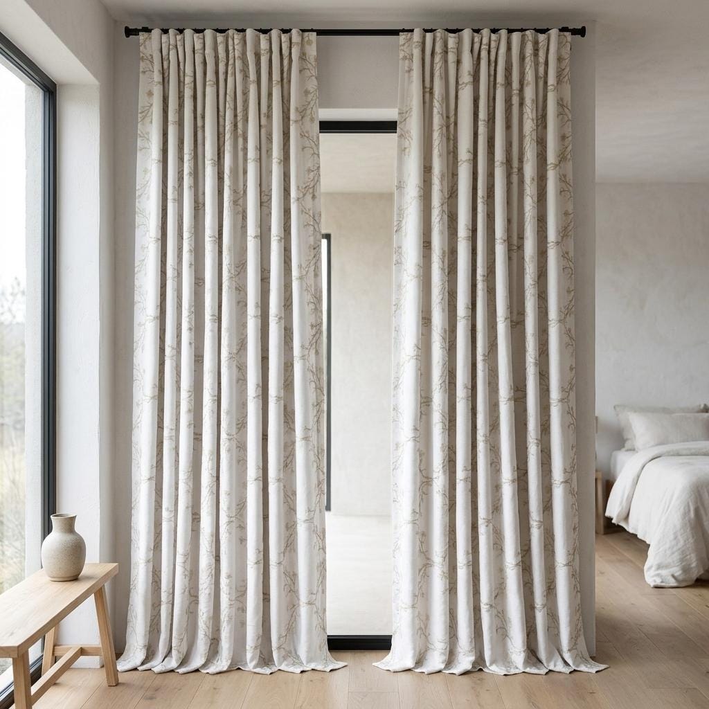 White Linen Embroidered Curtains, Beige Ivory Botanical Vine Drapes, Custom Blackout or Cotton Lined Floral Panels — image 8