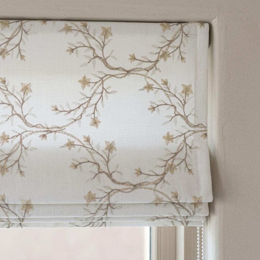White Linen Roman Shade, Beige Ivory Embroidered Floral Vine Blind, Custom Corded Window Shade, Blackout or Cotton Lined — image 1