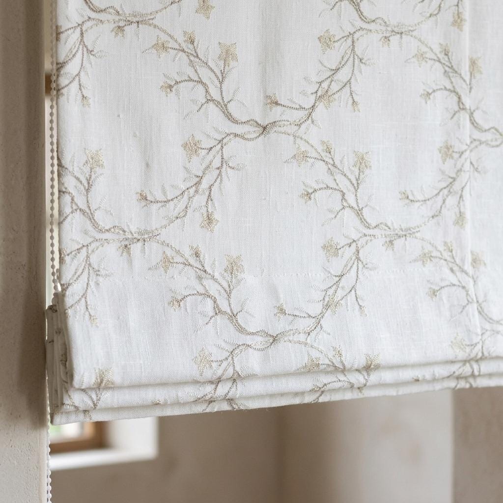 White Linen Roman Shade, Beige Ivory Embroidered Floral Vine Blind, Custom Corded Window Shade, Blackout or Cotton Lined — image 1