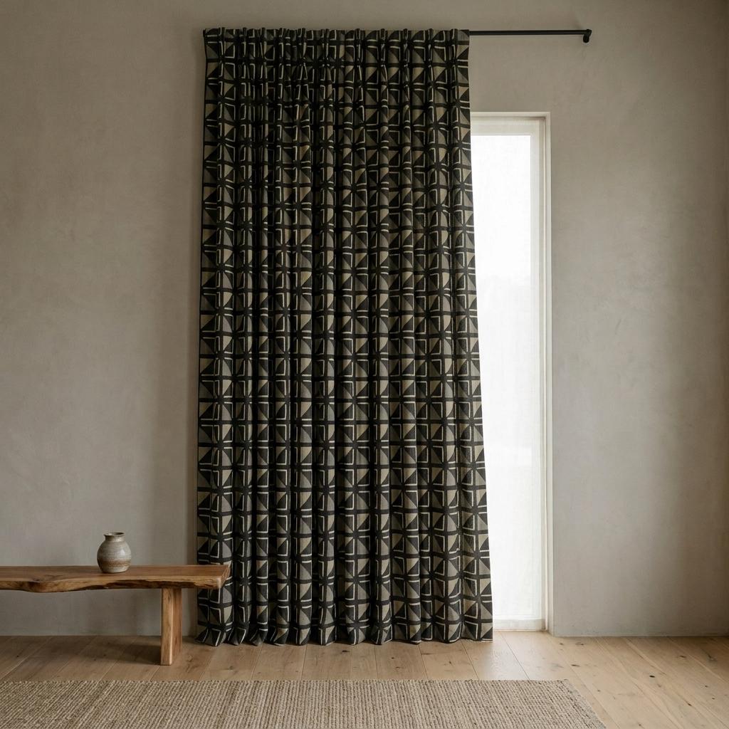 Black Ivory Tribal Linen Curtains, Boho Geometric Print Drapes, Heavy Custom Blackout Curtain Panels, Cafe Curtains — image 7