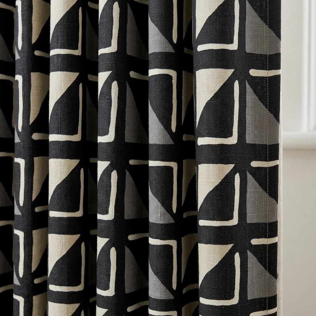 Black Ivory Tribal Linen Curtains, Boho Geometric Print Drapes, Heavy Custom Blackout Curtain Panels, Cafe Curtains — image 9