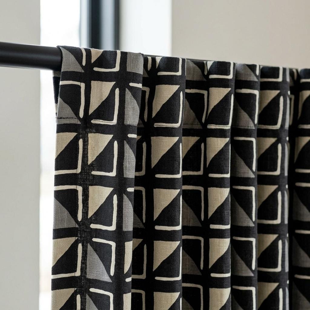 Black Ivory Tribal Linen Curtains, Boho Geometric Print Drapes, Heavy Custom Blackout Curtain Panels, Cafe Curtains — image 8