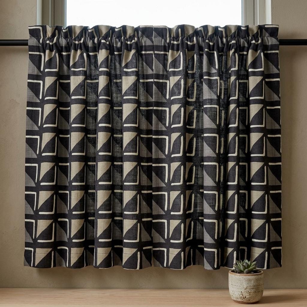 Black Ivory Tribal Linen Curtains, Boho Geometric Print Drapes, Heavy Custom Blackout Curtain Panels, Cafe Curtains — image 6