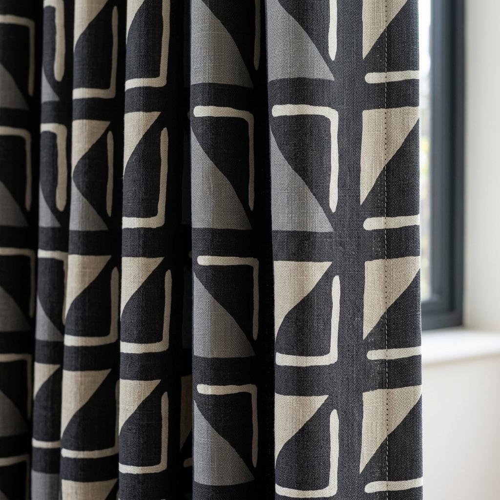 Black Ivory Tribal Linen Curtains, Boho Geometric Print Drapes, Heavy Custom Blackout Curtain Panels, Cafe Curtains — image 1