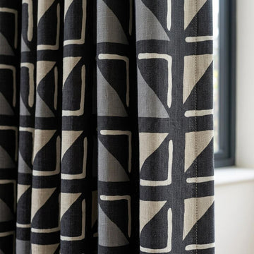 Black Ivory Tribal Linen Curtains, Boho Geometric Print Drapes, Heavy Custom Blackout Curtain Panels, Cafe Curtains — image 1