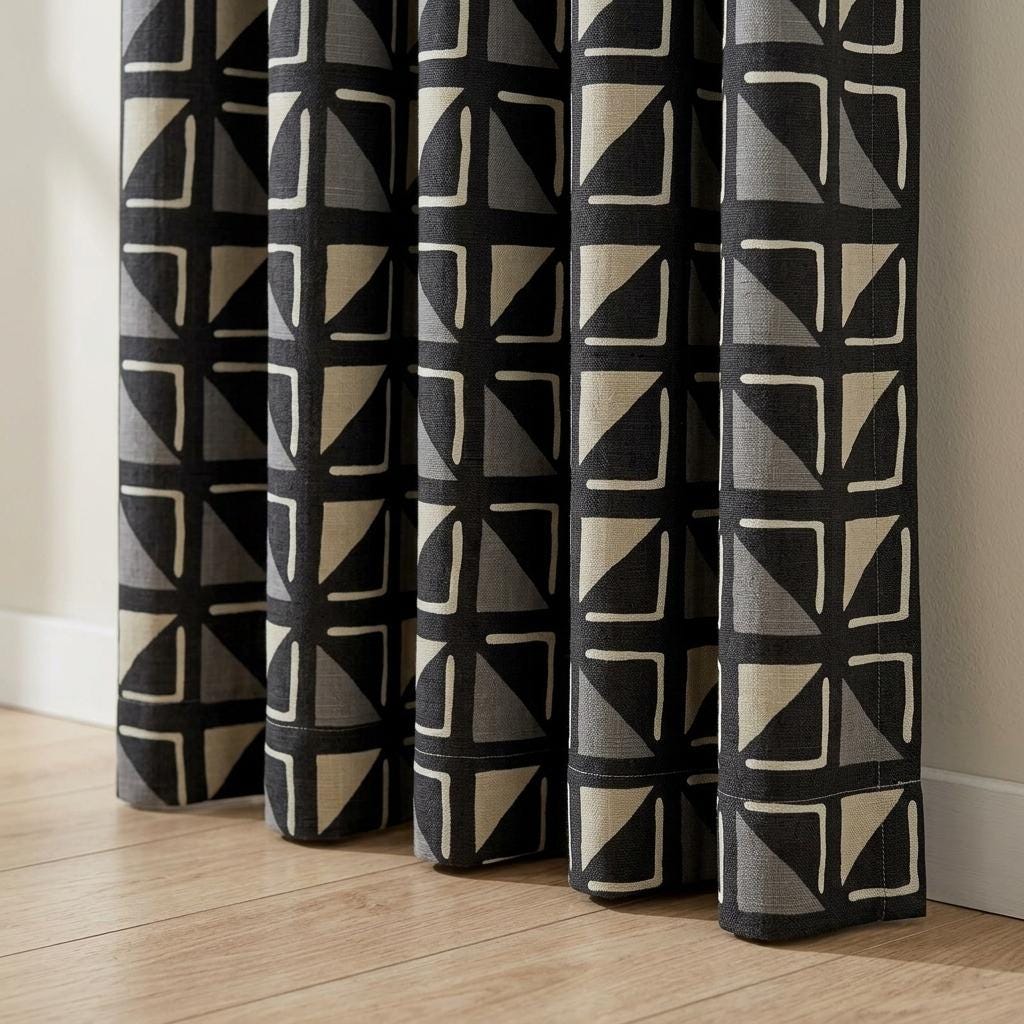 Black Ivory Tribal Linen Curtains, Boho Geometric Print Drapes, Heavy Custom Blackout Curtain Panels, Cafe Curtains — image 1