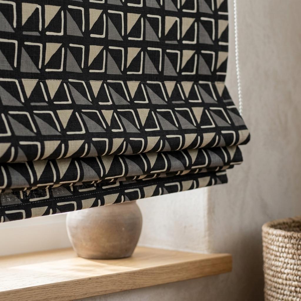 Black Pure Linen Roman Shade, Tribal Boho Geometric Corded Roman Blind, Custom Blackout Window Shade, Cream Gray — image 5