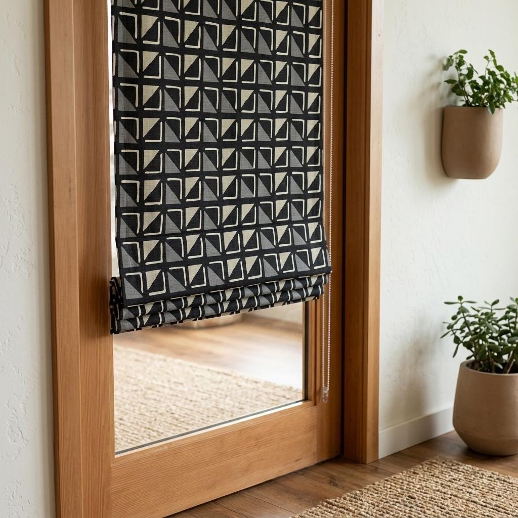 Black Pure Linen Roman Shade, Tribal Boho Geometric Corded Roman Blind, Custom Blackout Window Shade, Cream Gray — image 3
