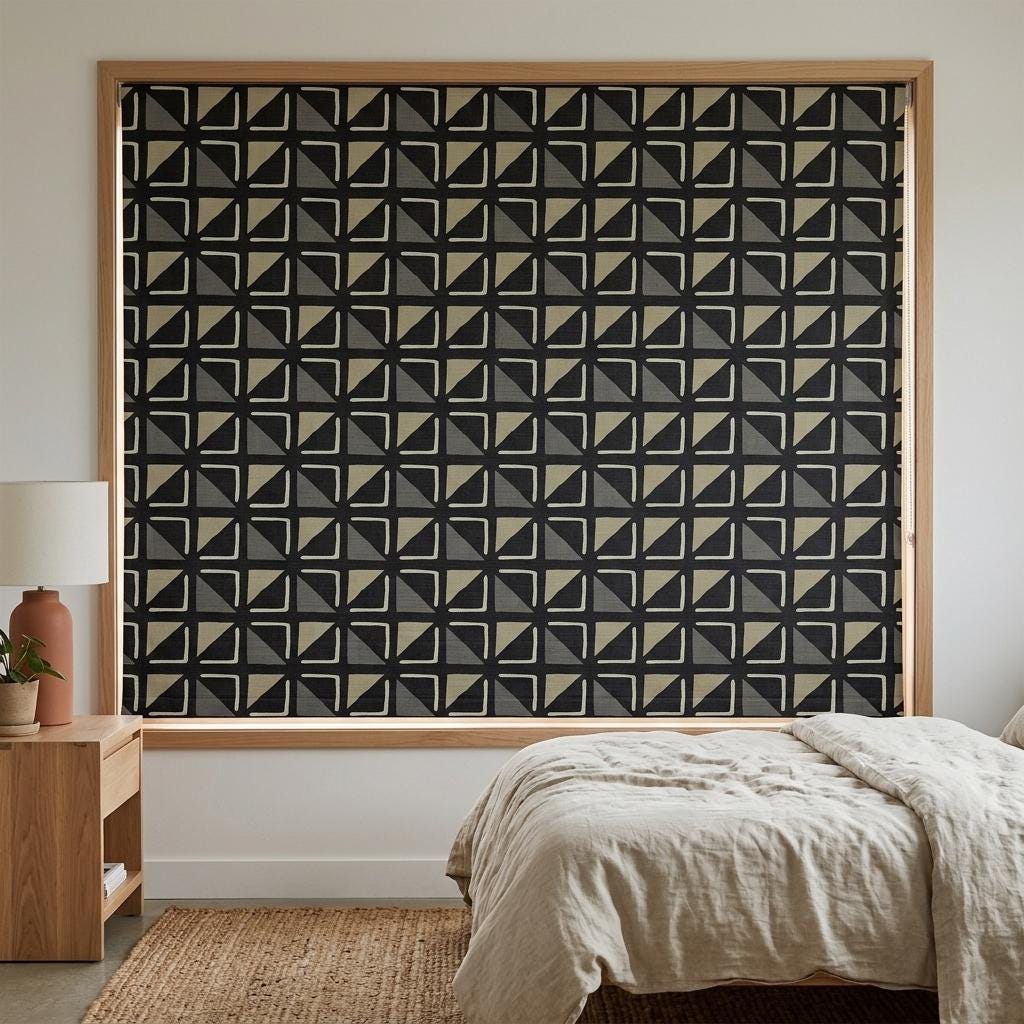 Black Pure Linen Roman Shade, Tribal Boho Geometric Corded Roman Blind, Custom Blackout Window Shade, Cream Gray — image 6