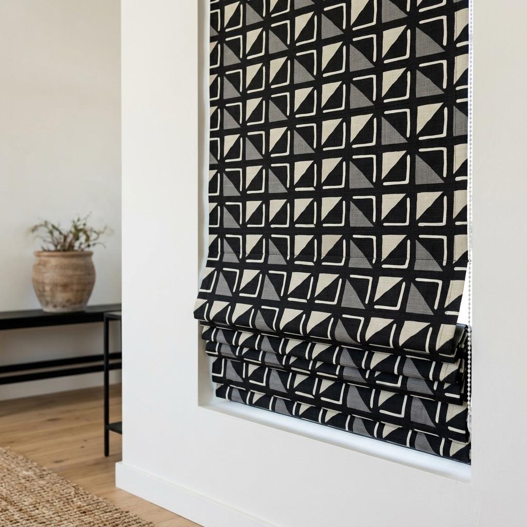 Black Pure Linen Roman Shade, Tribal Boho Geometric Corded Roman Blind, Custom Blackout Window Shade, Cream Gray — image 7