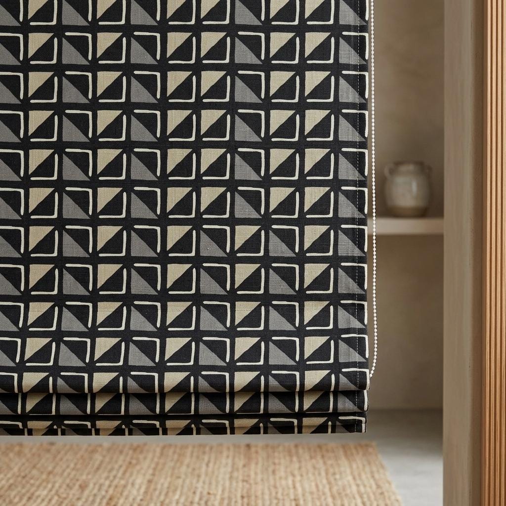 Black Pure Linen Roman Shade, Tribal Boho Geometric Corded Roman Blind, Custom Blackout Window Shade, Cream Gray — image 9