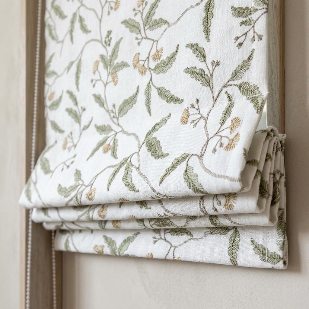 White Linen Roman Shade, Sage Green Beige Embroidered Floral Vine Blind, Custom Corded Window Shade, Blackout or Cotton Lined — image 5