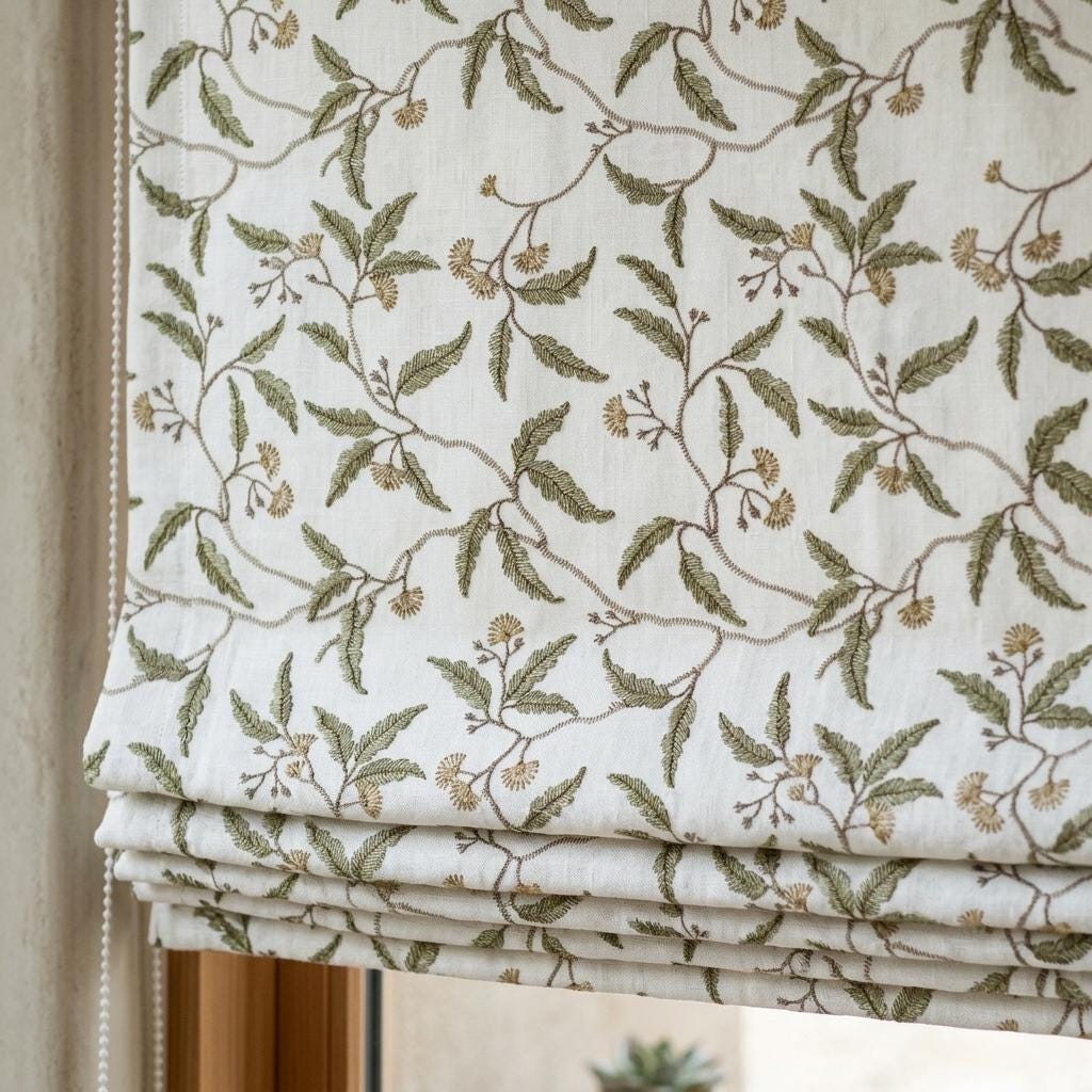 White Linen Roman Shade, Sage Green Beige Embroidered Floral Vine Blind, Custom Corded Window Shade, Blackout or Cotton Lined — image 8