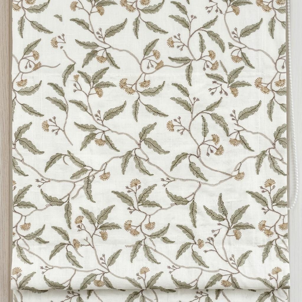 White Linen Roman Shade, Sage Green Beige Embroidered Floral Vine Blind, Custom Corded Window Shade, Blackout or Cotton Lined — image 9