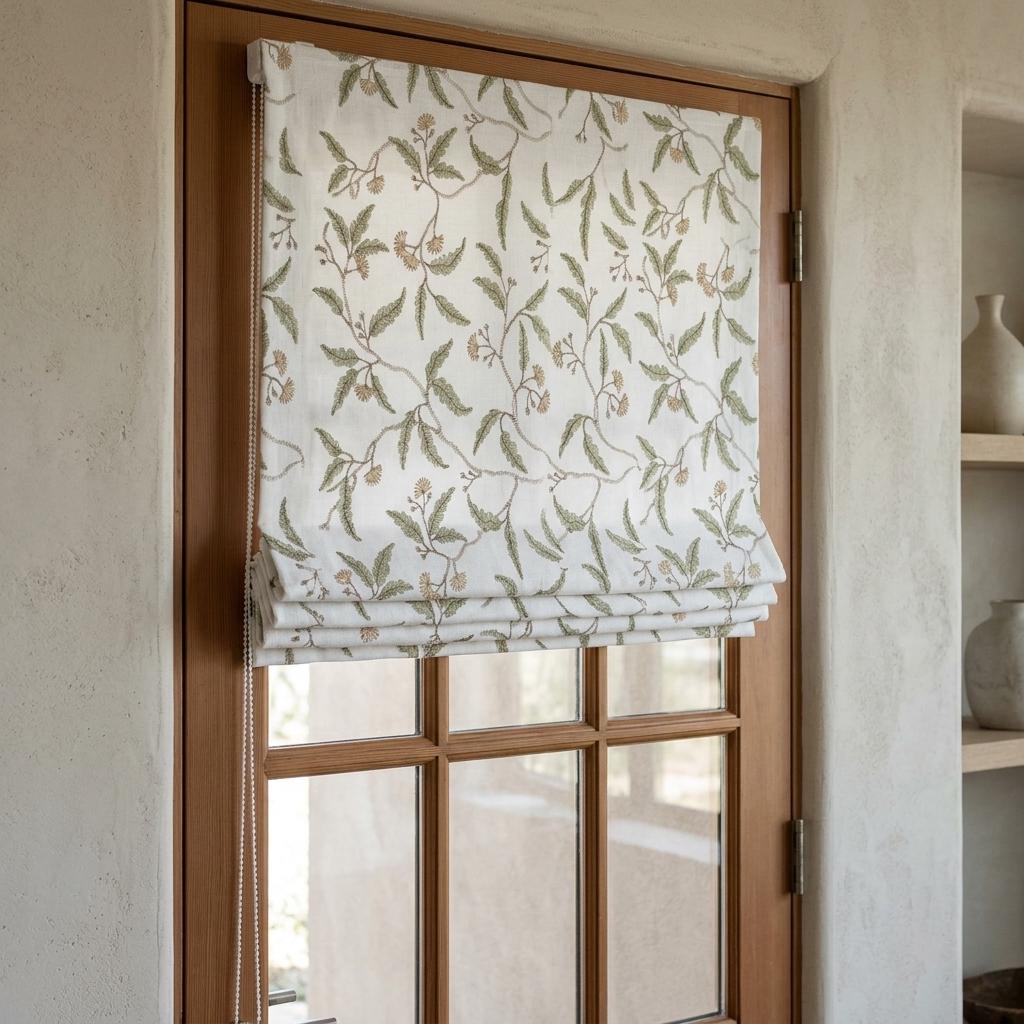 White Linen Roman Shade, Sage Green Beige Embroidered Floral Vine Blind, Custom Corded Window Shade, Blackout or Cotton Lined — image 4