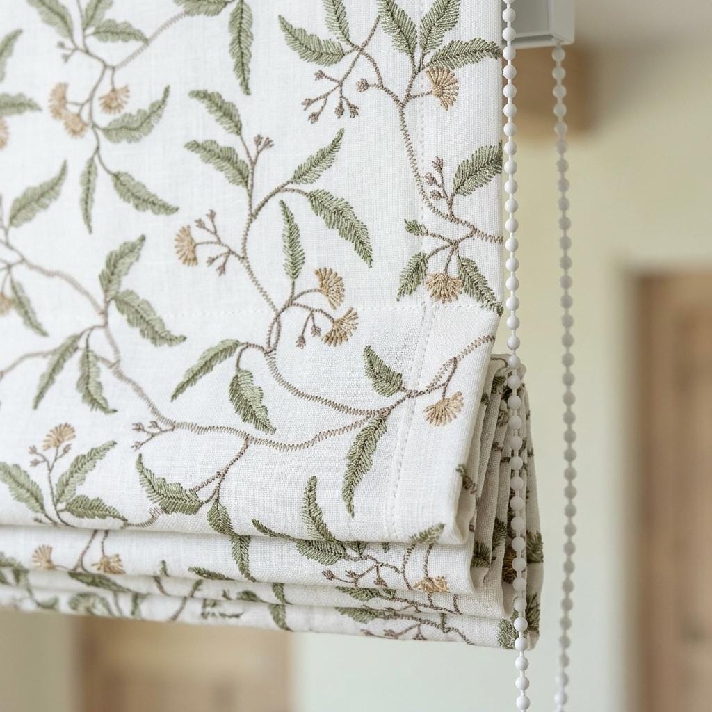 White Linen Roman Shade, Sage Green Beige Embroidered Floral Vine Blind, Custom Corded Window Shade, Blackout or Cotton Lined — image 6