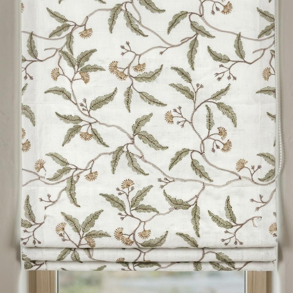 White Linen Roman Shade, Sage Green Beige Embroidered Floral Vine Blind, Custom Corded Window Shade, Blackout or Cotton Lined — image 7