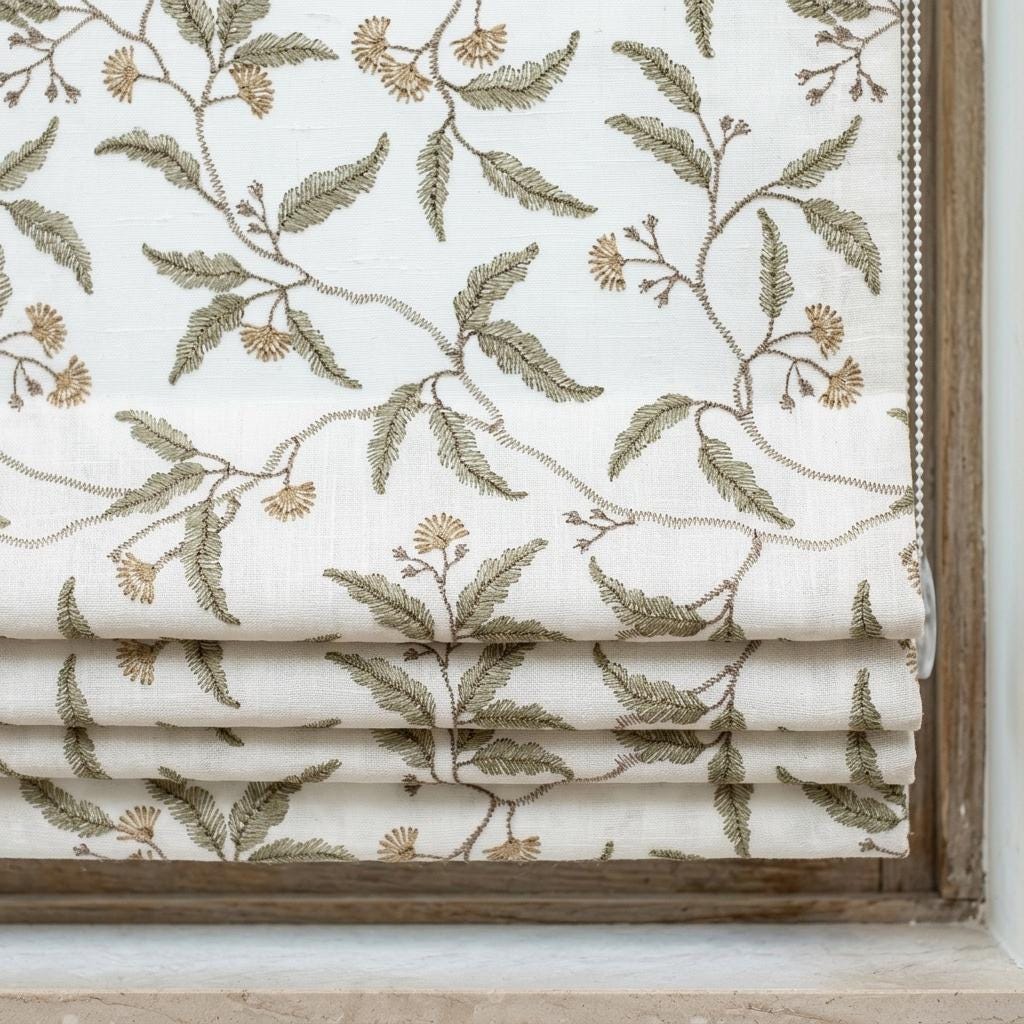 White Linen Roman Shade, Sage Green Beige Embroidered Floral Vine Blind, Custom Corded Window Shade, Blackout or Cotton Lined — image 1