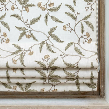 White Linen Roman Shade, Sage Green Beige Embroidered Floral Vine Blind, Custom Corded Window Shade, Blackout or Cotton Lined — image 1