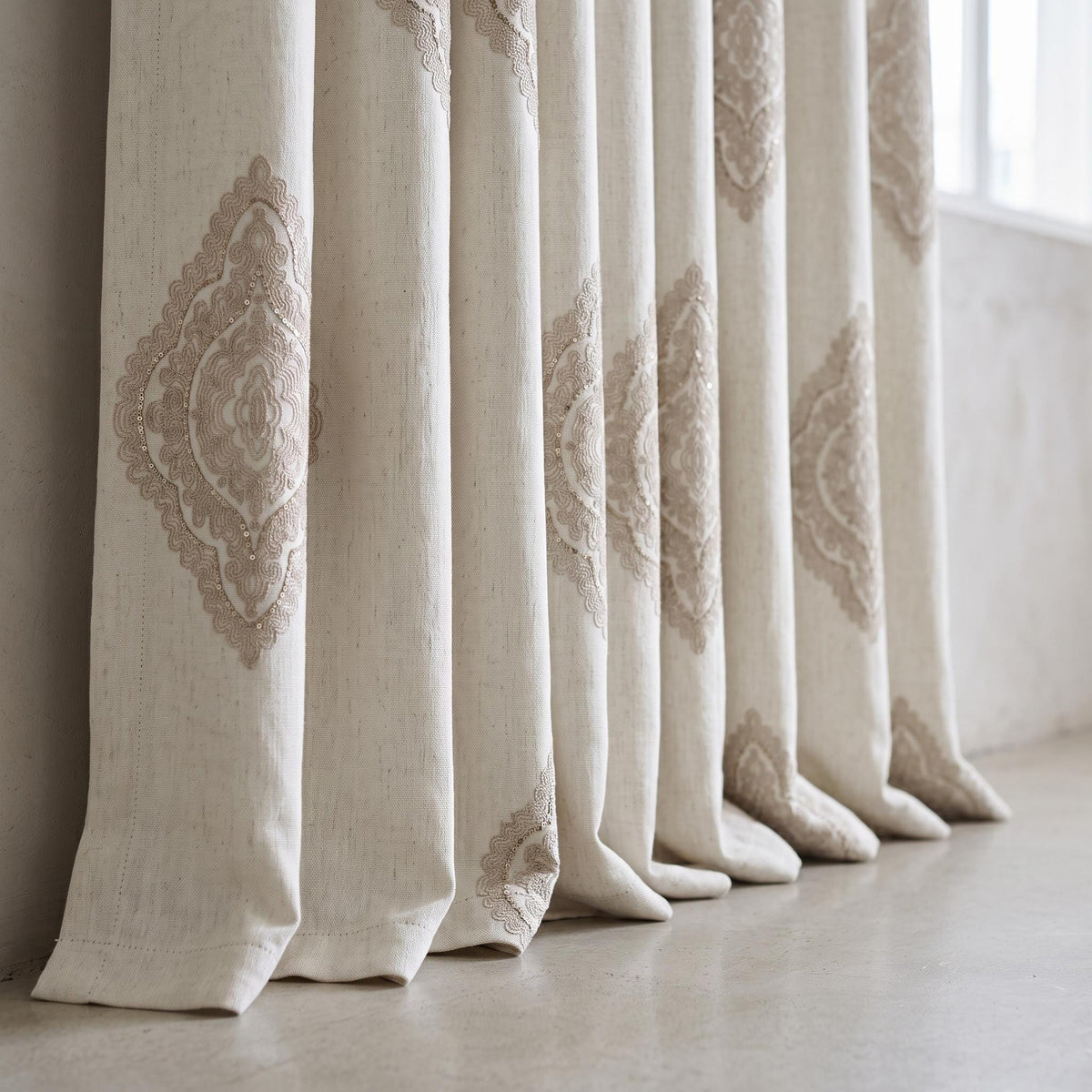 Ivory Beige Embroidered Linen Curtains, Ornate Medallion Damask Drapes, Custom Blackout Linen Panels, Heavy Linen Curtains — image 3