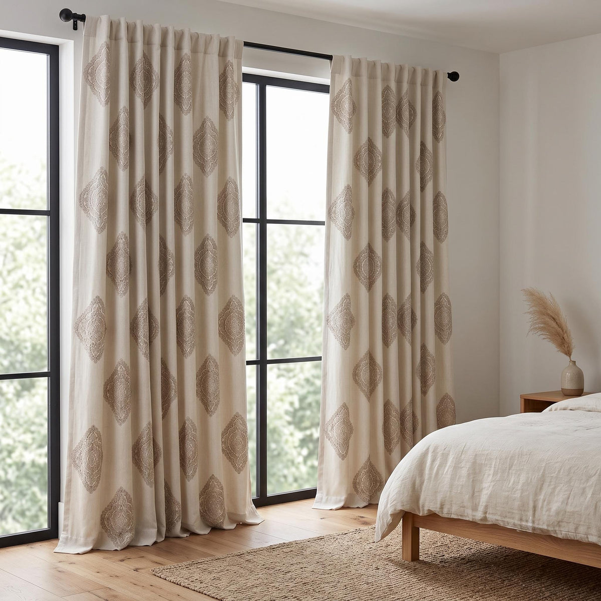 Ivory Beige Embroidered Linen Curtains, Ornate Medallion Damask Drapes, Custom Blackout Linen Panels, Heavy Linen Curtains — image 4