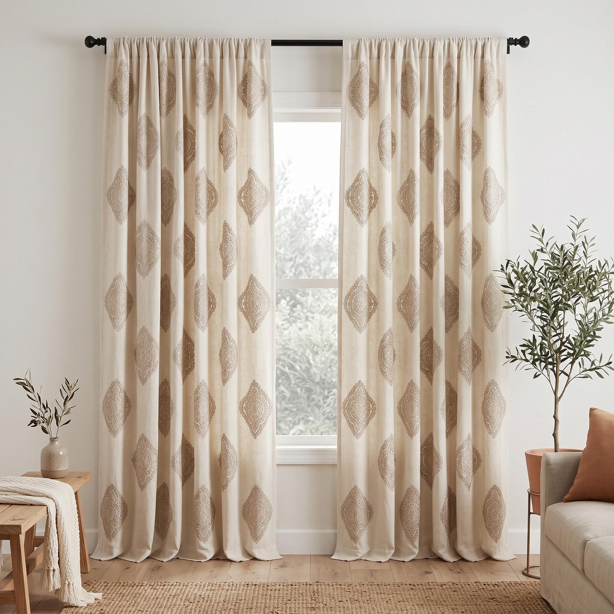 Ivory Beige Embroidered Linen Curtains, Ornate Medallion Damask Drapes, Custom Blackout Linen Panels, Heavy Linen Curtains — image 10