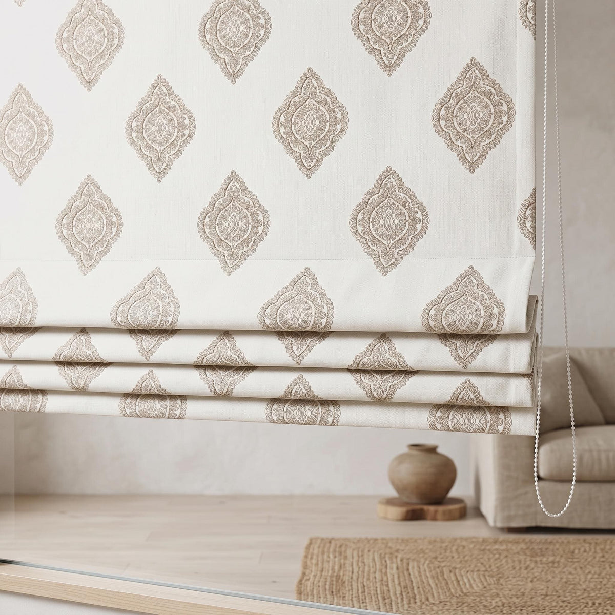 Custom Ivory Linen Roman Shade, Beige Gold Embroidered Damask Blind, Blackout Window Treatment, Corded Roman Blinds — image 8