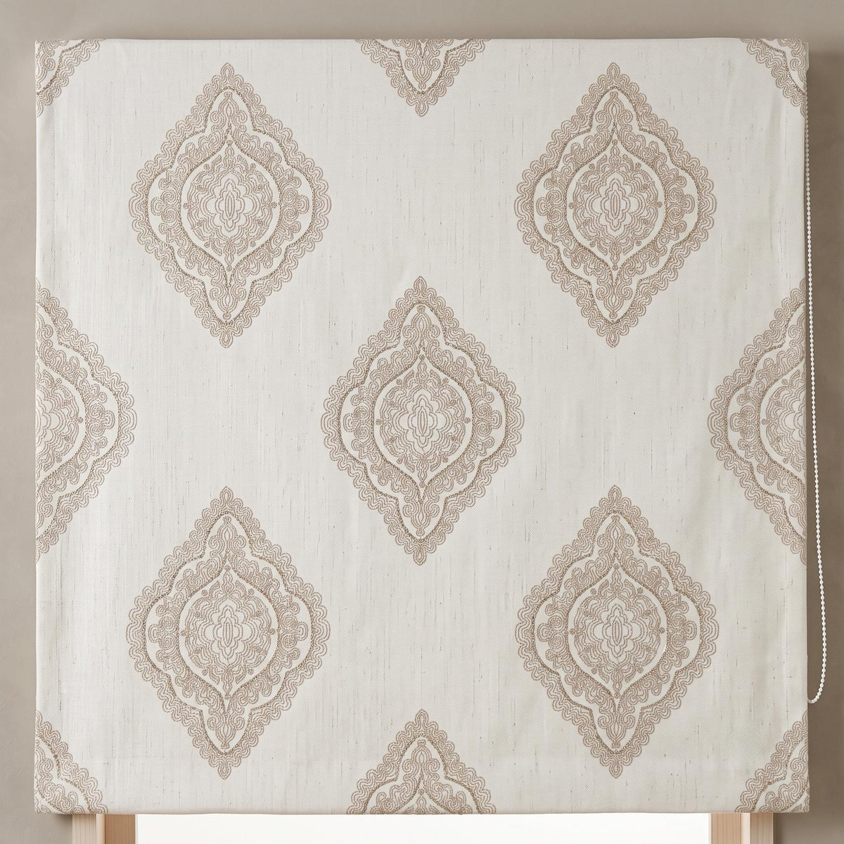 Custom Ivory Linen Roman Shade, Beige Gold Embroidered Damask Blind, Blackout Window Treatment, Corded Roman Blinds — image 5