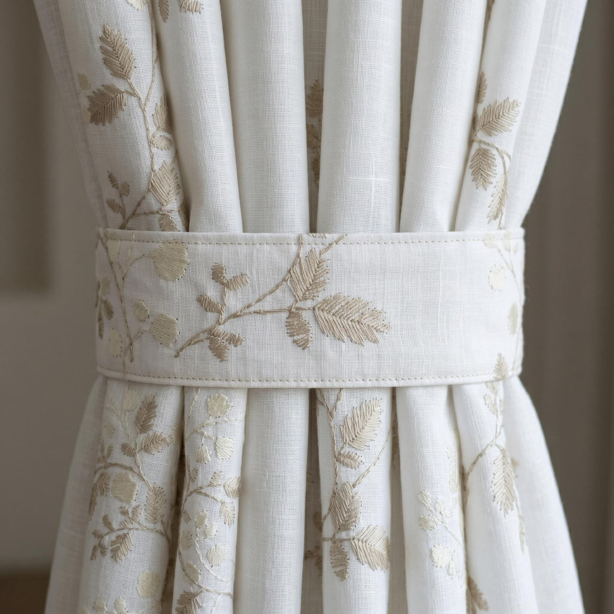 White Linen Embroidered Curtains, Beige Leaf Vine Floral Drapes, Custom Blackout or Cotton Lined Curtain Panels — image 4