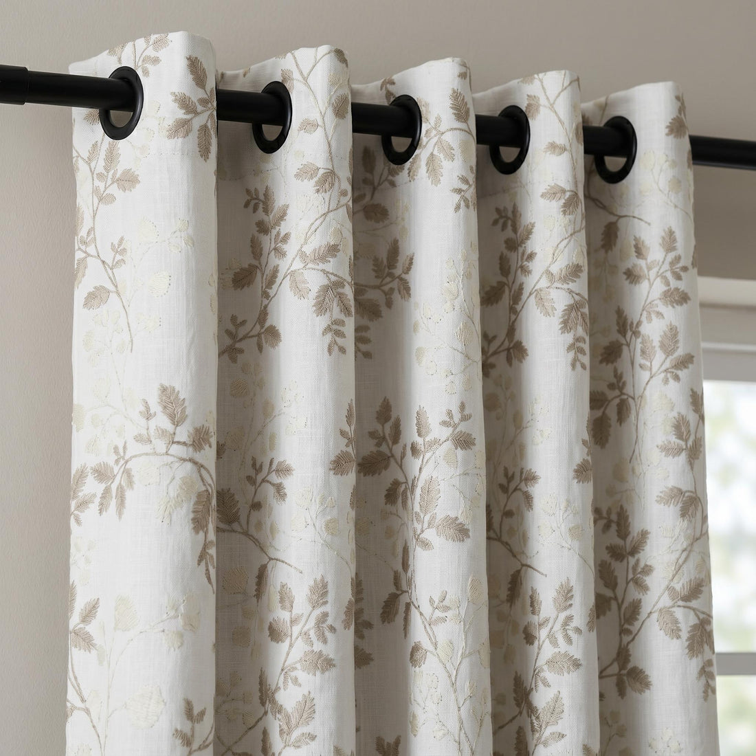 White Linen Embroidered Curtains, Beige Leaf Vine Floral Drapes, Custom Blackout or Cotton Lined Curtain Panels — image 1
