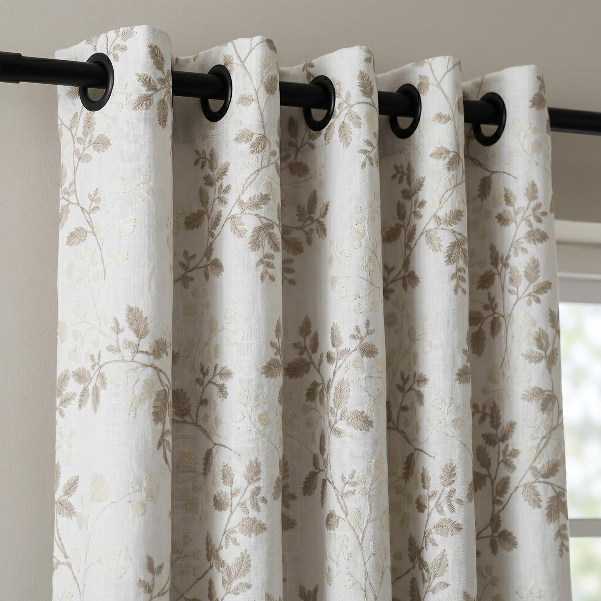White Linen Embroidered Curtains, Beige Leaf Vine Floral Drapes, Custom Blackout or Cotton Lined Curtain Panels — image 2